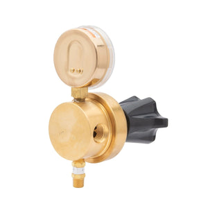 Harris 3530-4000804 high flow regulator for welding, brass body, pressure gauge, black knob, threaded connectors, non-corrosive.