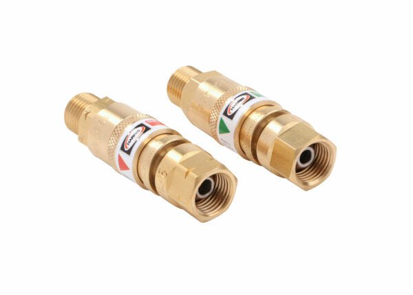 Harris 26-QCT brass quick connectors with OSHA flashback arrestors for oxy-fuel welding, green/red arrows, threaded torch fit.