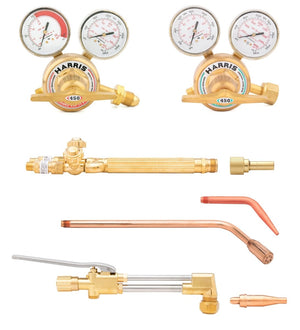 Harris VXT 450 Deluxe Ironworker Acetylene Cutting Torch Kit with gauges, valves, nozzles for welding—shown on white background.