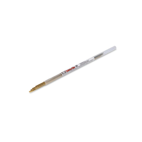 A Harris 45618L - Safety-Silv 45 high silver brazing alloy, 1/8 x 18 in., lies diagonally on a white background, with several brass-colored, cadmium-free filler rods exposed at one end of the tube.