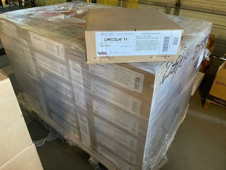 Warehouse pallet with Lincoln 71 T1 .045" welding wire spools, 33lb boxes, 50 per pallet, total 1,650 lbs, ED037801.