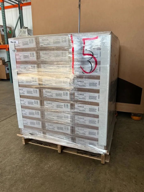 Pallet of 81 Lincoln SureArc S6 .030 MIG Wire spools for welding, boxed and wrapped, at WeldingMart warehouse.