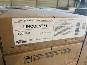 Lincoln 71 T1 .045" 33lb welding wire spool box (ED037801) on pallet in warehouse | WeldingMart welding equipment supplies.