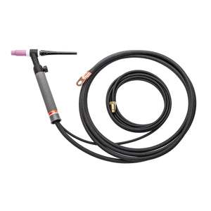 A Pro-Torch TIG torch with a long black hose coiled beside it. The air-cooled TIG torch features a gray handle, pink ceramic nozzle, and a copper connector on the hose.