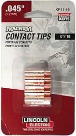 A retail package of Lincoln Magnum Contact Tips, model KP11-45, .045 (1.2 mm) size, containing 10 copper-colored tips for welding guns. The packaging features detailed product and brand information.