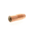 A copper MIG welding contact tip with threading on the inner side and grooved detailing on the outer surface, designed to work seamlessly with a welding nozzle for optimal shielding gas flow, isolated on a white background.