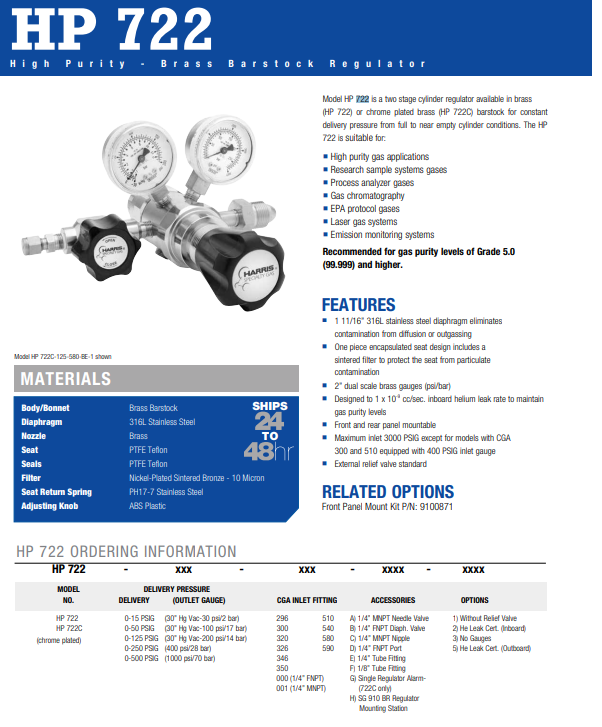 Harris Model HP722 Regulator Argon/Helium/Nitrogen - 722-250-580-B-1 - 722250580B1