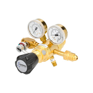 The Harris Two Stage Ultra High Purity Brass Barstock Regulator Model 722-125-580-B features two pressure gauges, a black adjustment knob, and labeled valves for precise gas flow control in industrial applications.