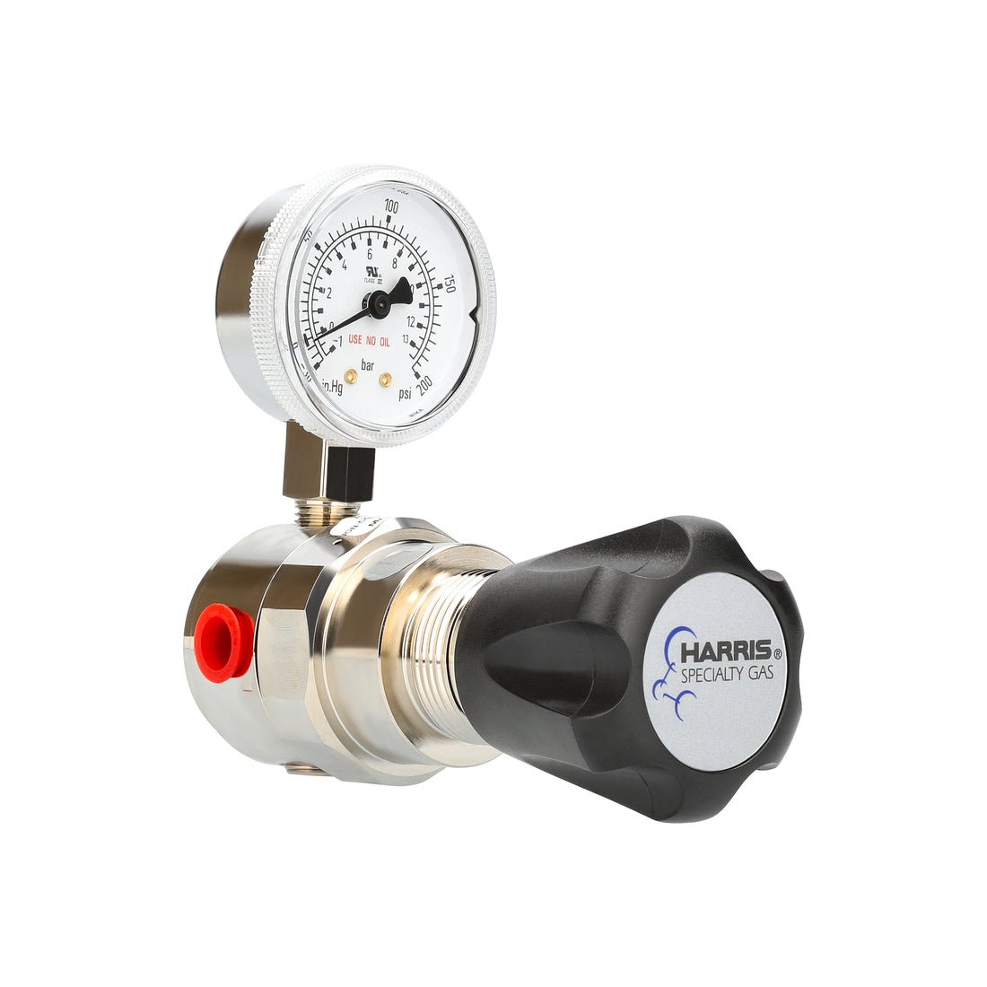 A close-up of the Harris Ultra High Purity Brass Barstock Regulator (Model 723C-125-000-D-1) features a gauge with psi/kPa readings, a black adjustment knob, and a red inlet port.