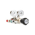 The Harris 742-125-660-A stainless steel two-stage cylinder regulator for Ammonia/Nitrogen Dioxide features dual pressure gauges, a black knob labeled Harris Specialty Gas, and colored indicators. Shown against a white background.