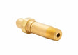 The Harris CGA 346 Regulator Inlet Stem - 9000319 features a hexagonal brass body, a rounded tip on one end, and 1/4 NPT male external threads on the other, shown against a white background.