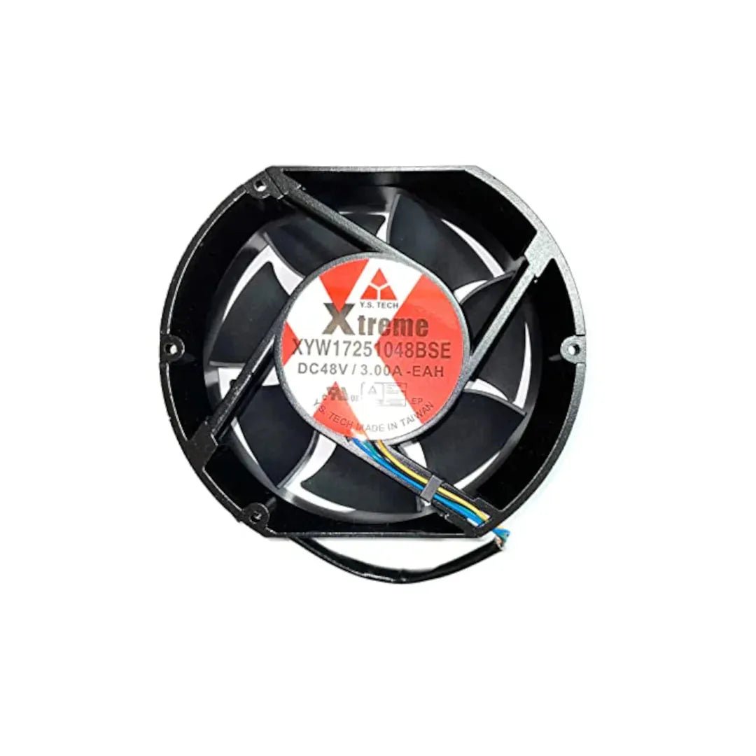 A round black cooling fan, part of the Fan Assembly M22853 for Lincoln Welder Parts, with a red and white center label reading Xtreme XYW1725 048BSE DC48V/3.0A and multiple wires extending from the base.