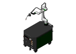 Lincoln Cooper CRX-10iA/L Aluminum Welding Cobot Cart with welding tool, hoses, mobile black base—industrial welder equipment.
