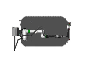 Lincoln Cooper CRX-10iA/L Aluminum Welding Cobot Cart with robotic arm, top welding automation tool, on dark platform, white backdrop.