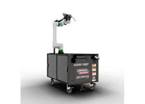 Lincoln Cooper CRX-10iA/L Aluminum Welding Cobot Cart GEN II with robotic arm, black cart, COOPER COBOT & LINCOLN ELECTRIC logos.