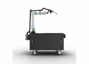 Lincoln Cooper CRX-10iA/L Aluminum Welding Cobot Cart GEN. II automated welding robot on mobile black cart, white background.
