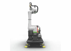 Lincoln Cooper CRX-25iA Welding Robot on Aluminum Cobot Cart GEN. II - AD2489-24, black wheeled cart with yellow pads.