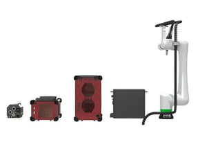 Lincoln Cooper CRX-10iA/L Aluminum Welding Cobot Non-Cart Package with 4 electronic components, welding tools on white background.