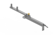 Bug-O AFR-1090 Rail Alignment Tool for welding, adjustable metal bar with pegs, yellow knob, and clamp, on white background.