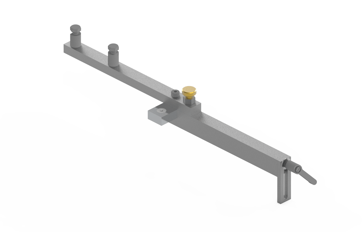 Bug-O AFR-1090 Rail Alignment Tool for welding, adjustable metal bar with pegs, yellow knob, and clamp, on white background.