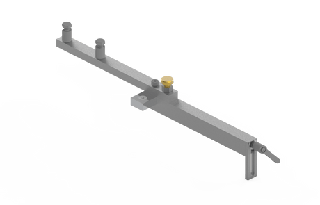Bug-O AFR-1090 Rail Alignment Tool for welding, adjustable metal bar with pegs, yellow knob, and clamp, on white background.