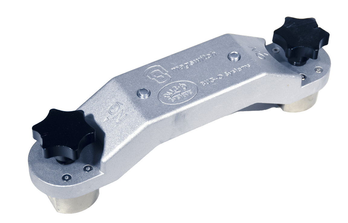 Bug-O HIGH HEAT R E ON/OFF MAGNET ARM-2010-HH welding tool with star knobs, engraved text, and secure magnet for positioning.