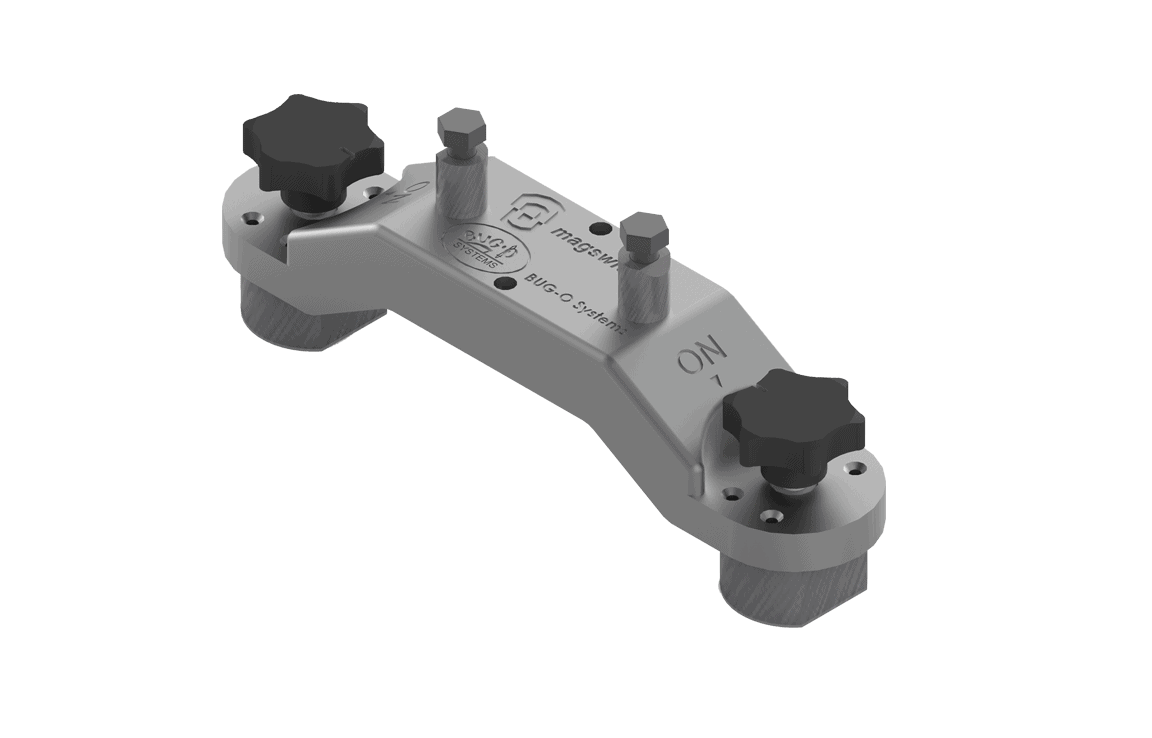 Bug-O AFR-2010 ON/OFF Magnet welding tool with gray metal body, black knobs, and cylindrical posts for WeldingMart professionals.
