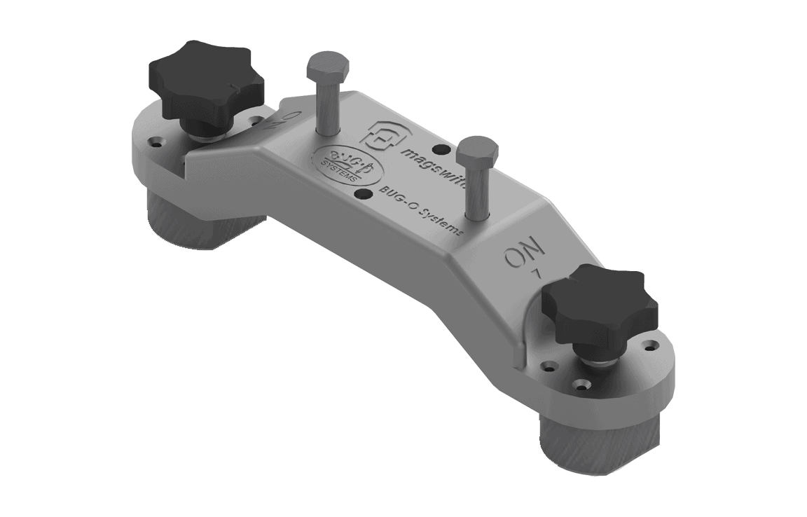 Bug-O RARE EARTH ON/OFF MAGNET ARM-2010 welding tool with MagSwitch, black knobs, strong grip, ideal for WeldingMart users.