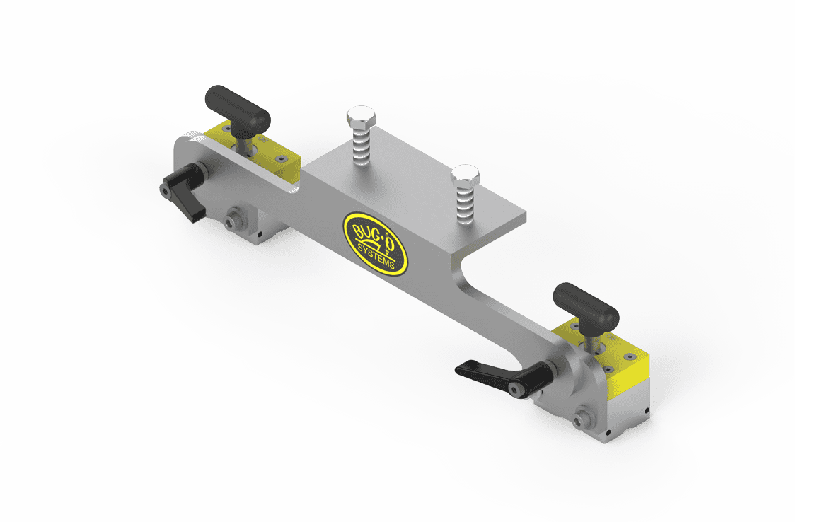 Bug-O ARM-2020 ON/OFF Pivot Magnet Assembly – heavy-duty welding tool with handles, bolts, SUSD SYSTEM logo, yellow accents.
