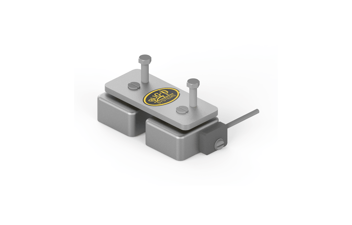 BUG-O MAGNET PLATE SHORT ARM-2248 welding accessory, with bolts, black/yellow BUG-O logo, and side cable on white background.