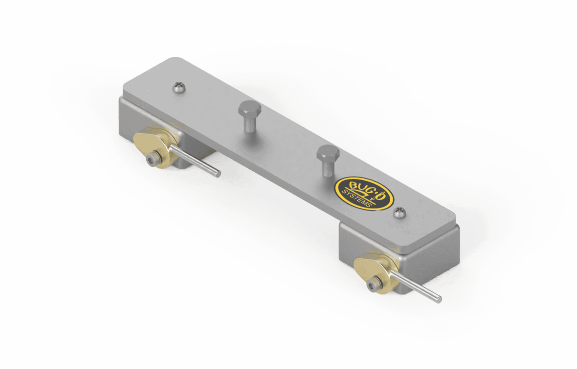 Bug-O FIXED MAGNET PLATE W/RELEASE ARM-2265 welding tool with side clamps, top knobs, and logo. WeldingMart accessory on white background.
