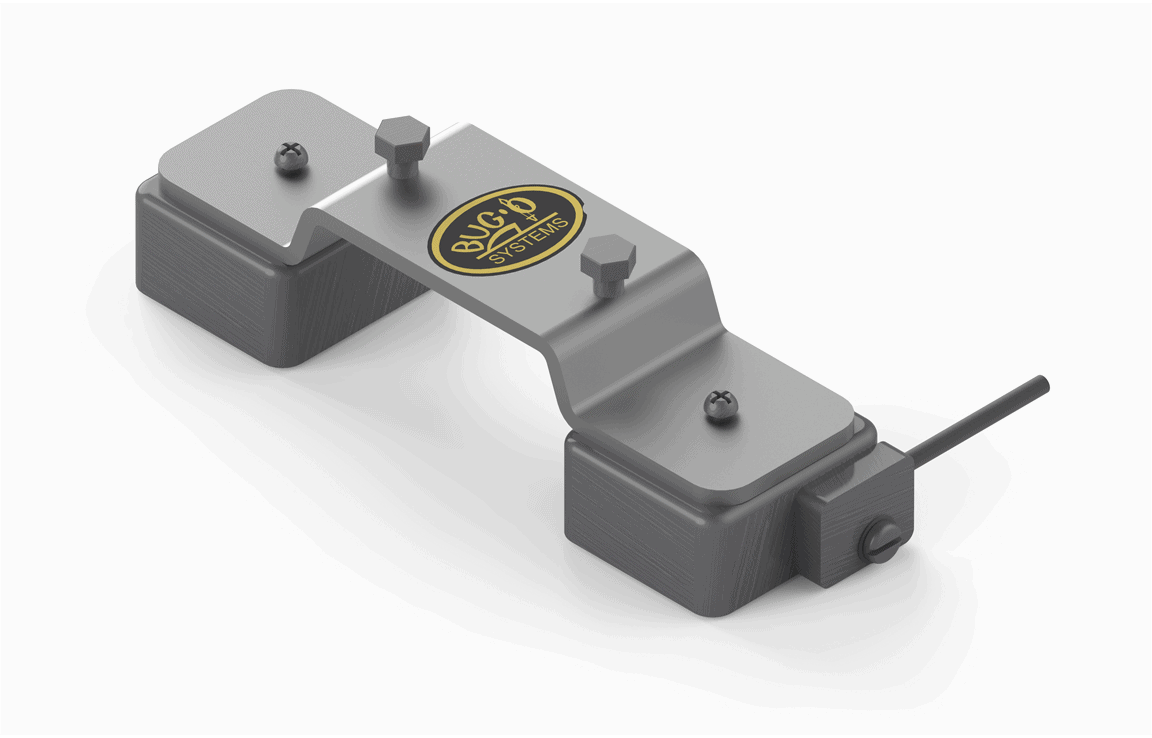 Bug-O FIXED MAGNET PLATE ARM-2465 for welding, with two pads, bolts, cable, and BUG-ID SYSTEMS logo. Welding tool by WeldingMart.