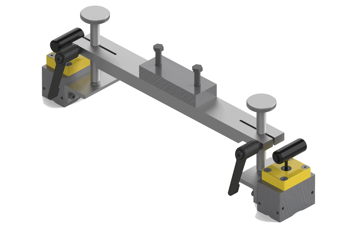 Bug-O SUPPORT BAR ARM-2580 welding clamp fixture with adjustable clamps, support bar, screws, and bolts for secure welding setup.