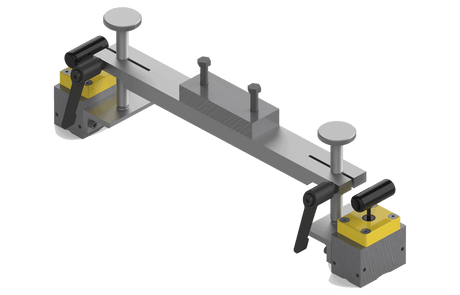Bug-O SUPPORT BAR ARM-2580 welding clamp fixture with adjustable clamps, support bar, screws, and bolts for secure welding setup.