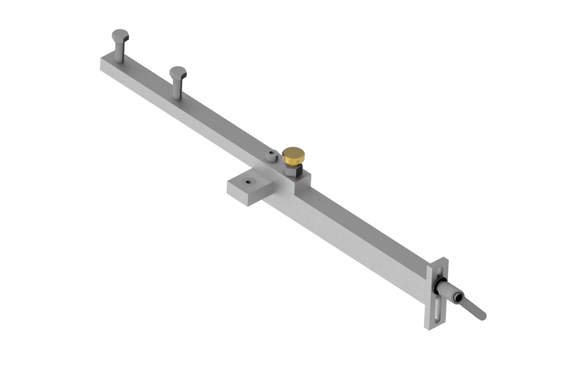 Bug-O RAIL ALIGNMENT TOOL ARR-1090 welding tool with 3 vertical pegs, bracket, gold knob, sliding mechanism on white background.