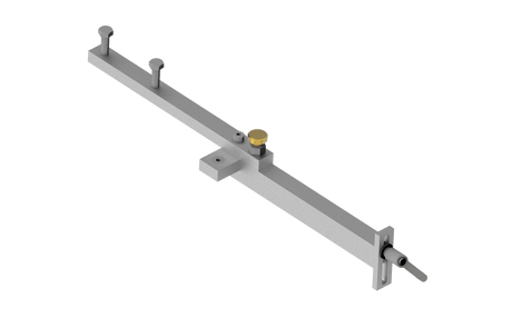Bug-O RAIL ALIGNMENT TOOL ARR-1090 welding tool with 3 vertical pegs, bracket, gold knob, sliding mechanism on white background.