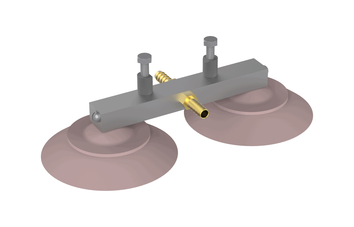 Bug-O INTERMEDIATE VAC SUPPORT BAR ARV-1036 welding tool with dual suction cups, metal bar, adjustment screws, and brass nozzle.