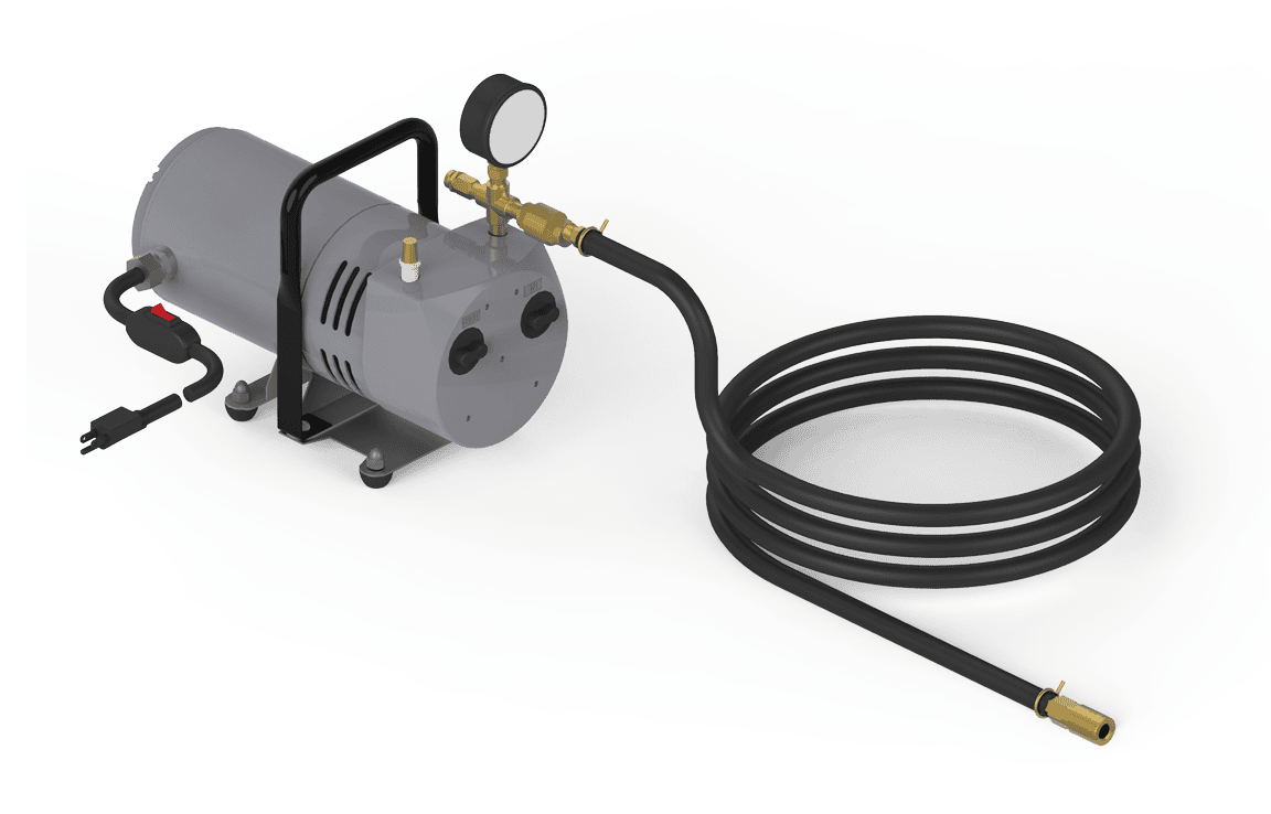 Bug-O VACUUM PUMP KIT ARV-2030 for welding, with black hose, gauge, brass fittings, handle, and cord, on white background.