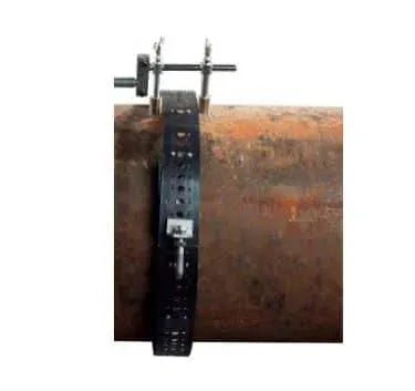 A Mathey E-Z 24 Pipecut Guide Band Flame Cutter (EZPCGB24) and a metal clamp secure a large, rusty pipe; a black leather belt is buckled tightly around the pipe in the background.
