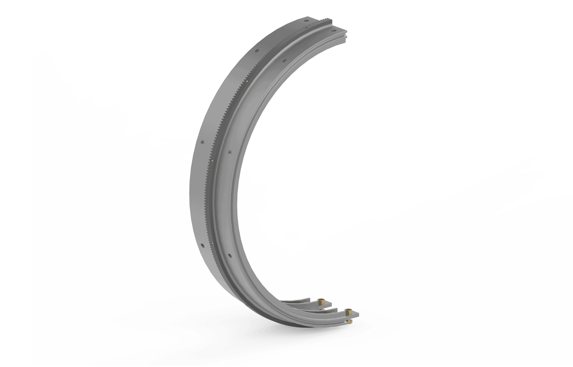 Bug-O BENT RIGID RAIL 80" BRR-1180 gear ring for welding automation, with inner teeth and gold mounts, on white background.