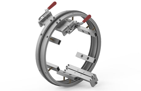 Bug-O Bent Ring Rail for 32" Pipe BRR-3250-32 welding clamp with red latches, adjustable arms, gear mounts for precise setup.