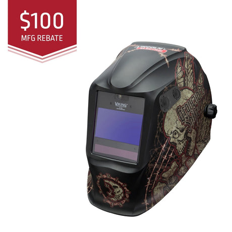 Welding helmet with skull design on a white background, featuring a $100 MFG rebate label.