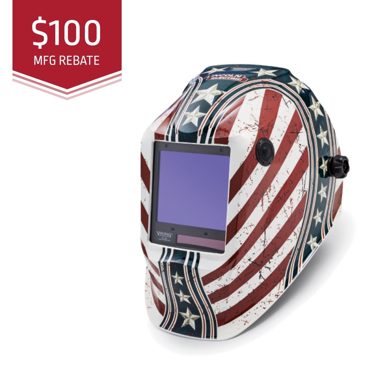 Welding helmet with American flag design and $100 MFG rebate text on a white background