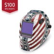 Welding helmet with American flag design and $100 MFG rebate text on a white background