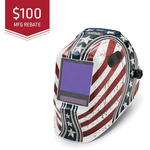 Welding helmet with American flag design and $100 MFG rebate text on a white background