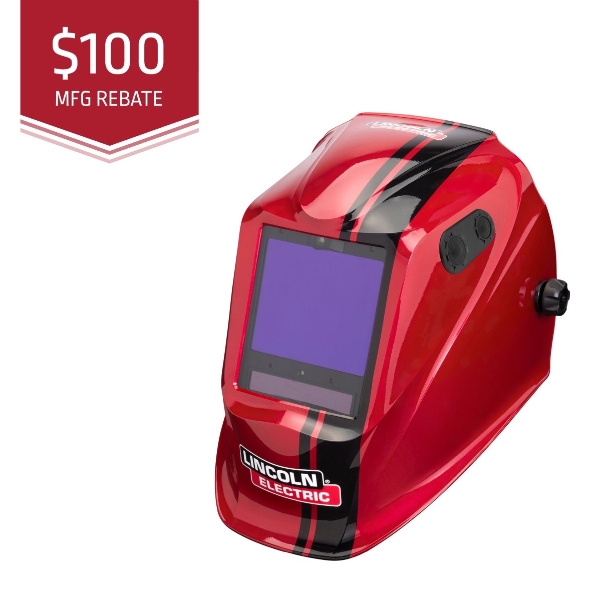 Red welding helmet with a rebate offer on a white background