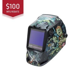 Welding helmet with colorful design on a white background, featuring a $100 MFG rebate label.