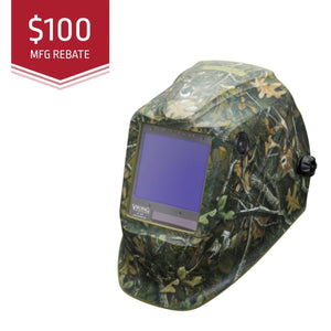 Camouflage welding helmet with a $100 MFG rebate label on a white background