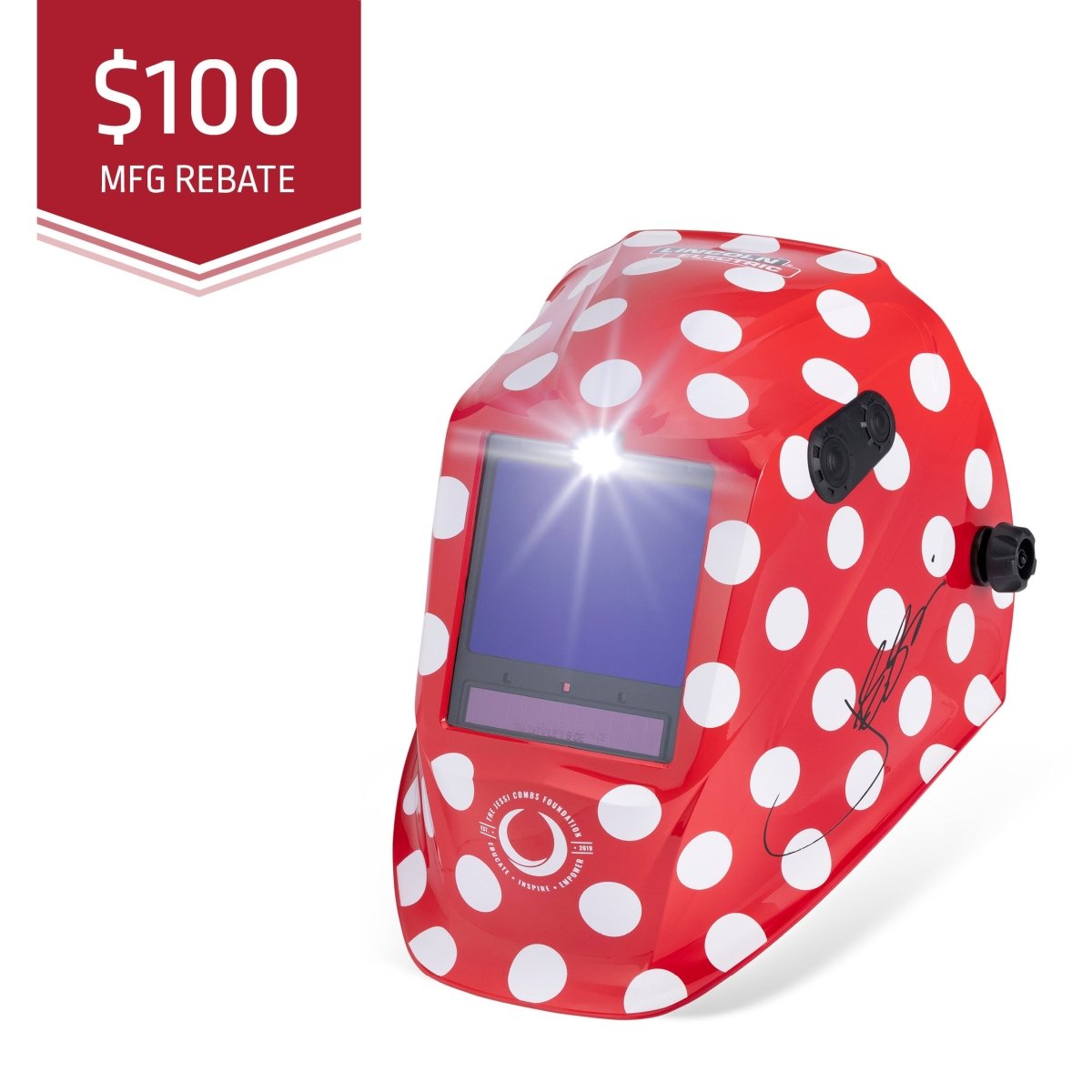 Red welding helmet with white polka dots on a white background, featuring a $100 MFG rebate label.