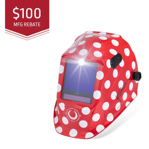 Red welding helmet with white polka dots on a white background, featuring a $100 MFG rebate label.